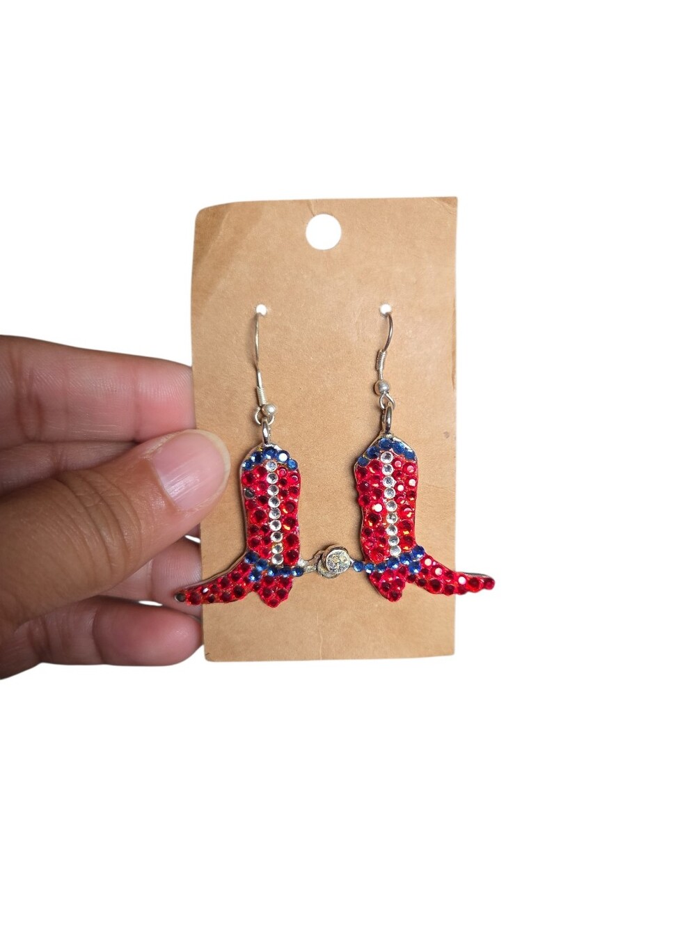 Silver Toned Americana Red Silver Blue Rhinestone Cowboy Boot Dangle Earrings